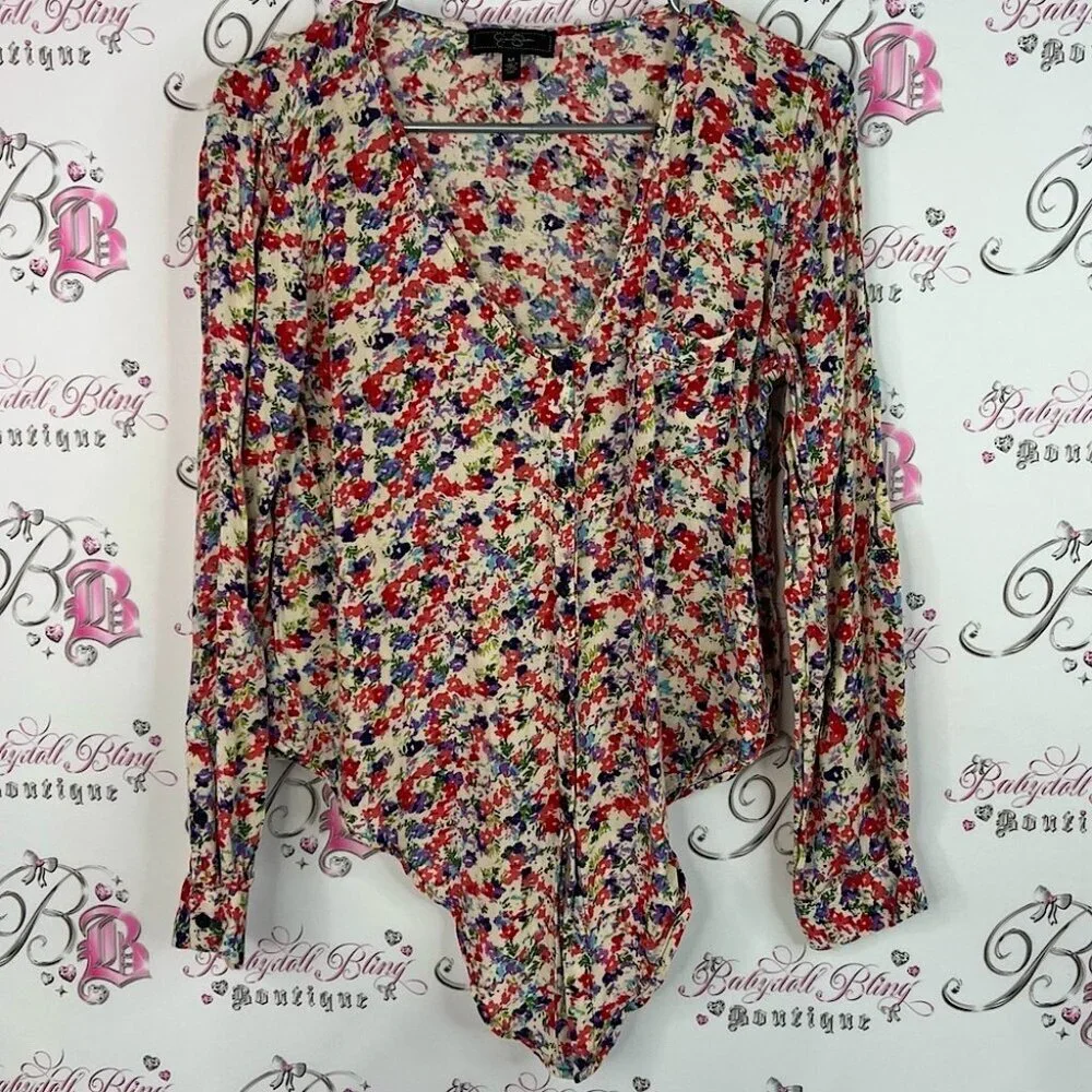 Jessica Simpson blouse long sleeve flowers tie up bottomMulticolor Floral Blouse